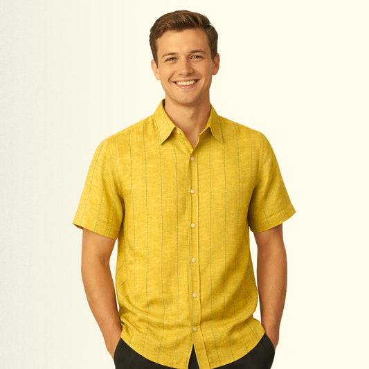 Saffron Gold Stripe Linen Fabric