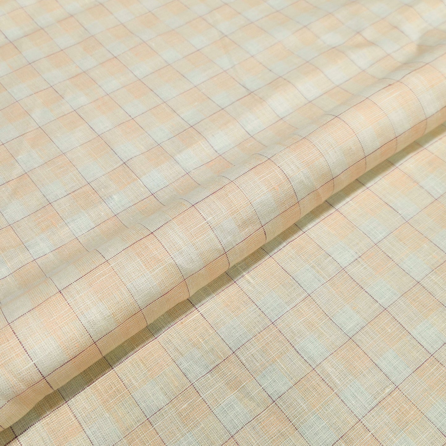 Peach Ivory Checks Linen Fabric