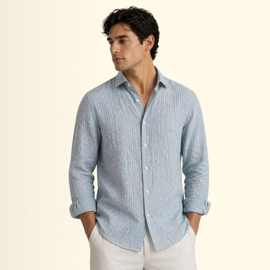 Sky Mist Pinstripe Linen Fabric