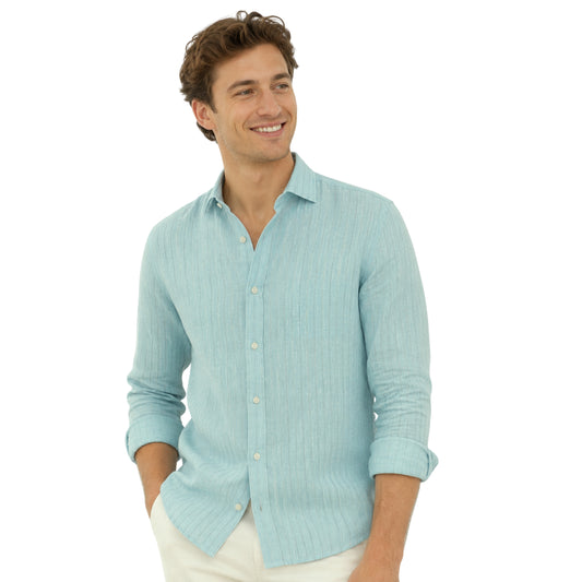 Sage Shadow Stripe Linen Fabric
