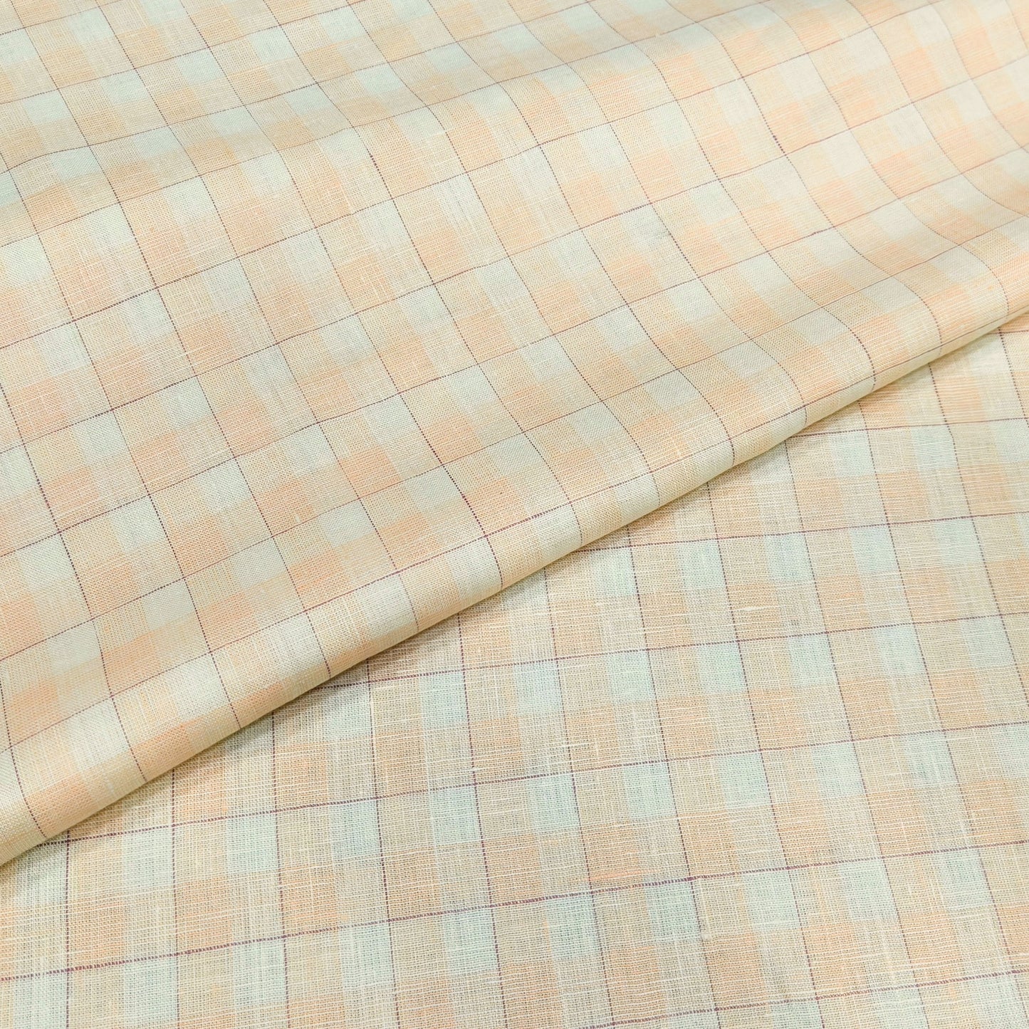 Peach Ivory Checks Linen Fabric
