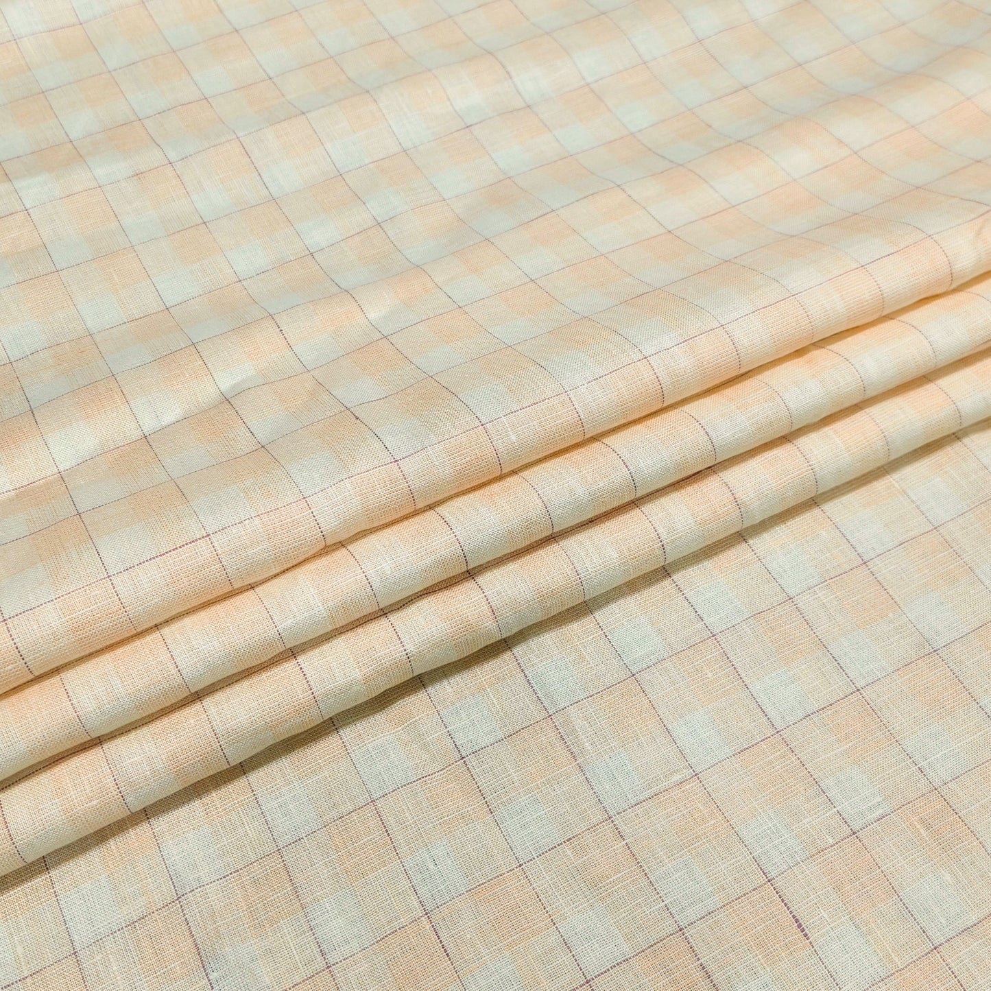 Peach Ivory Checks Linen Fabric