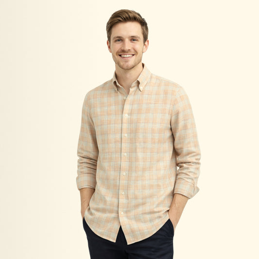 Peach Ivory Checks Linen Fabric