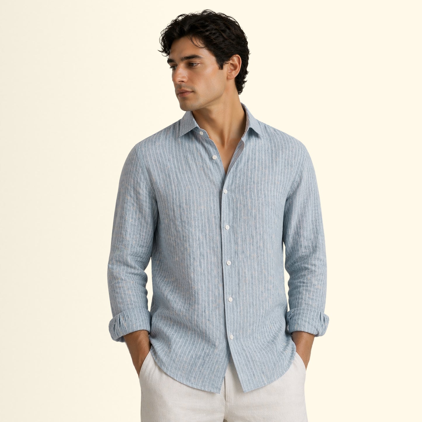 Sky Mist Pinstripe Linen Fabric