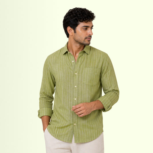 Classic Olive Pinstripe Linen Fabric
