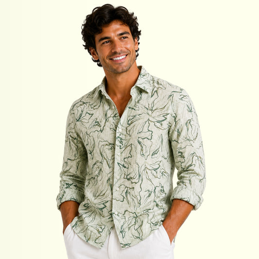 Olive Sketch Printed Linen Fabric